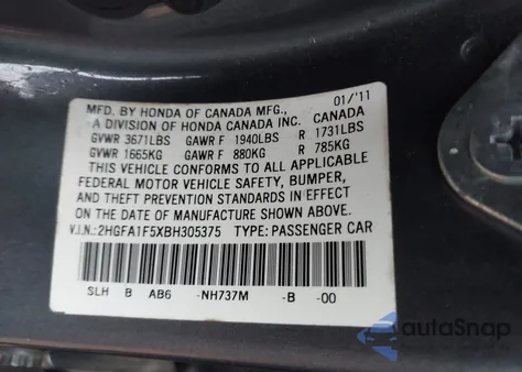 2011 Honda Civic Lx z USA, uszkodzony, nr VIN 2HGFA1F5XBH305375